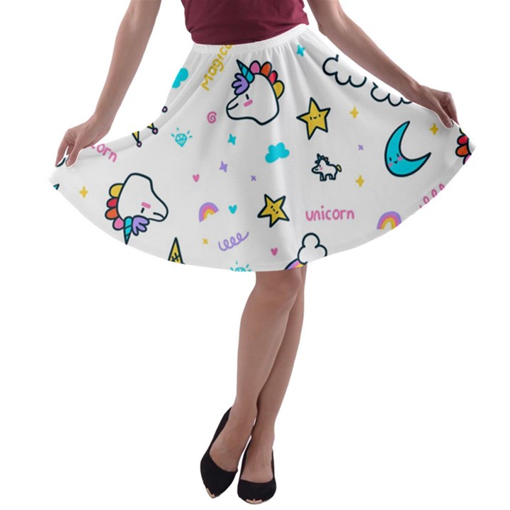 Unicorns-rainbows-seamless-pattern A-line Skater Skirt