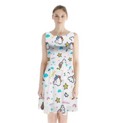 Unicorns-rainbows-seamless-pattern Sleeveless Waist Tie Chiffon Dress