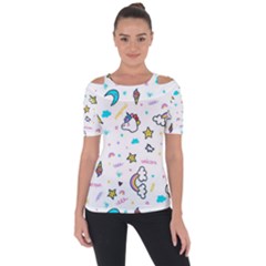 Unicorns-rainbows-seamless-pattern Shoulder Cut Out Short Sleeve Top