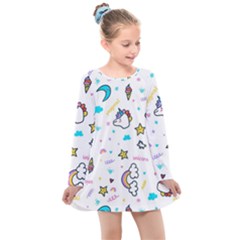 Unicorns-rainbows-seamless-pattern Kids  Long Sleeve Dress by Jancukart