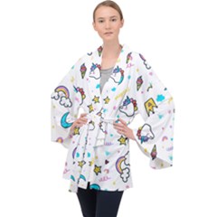 Unicorns-rainbows-seamless-pattern Long Sleeve Velvet Kimono 