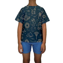 Dark-seamless-pattern-symbols-landmarks-signs-egypt -- Kids  Short Sleeve Swimwear