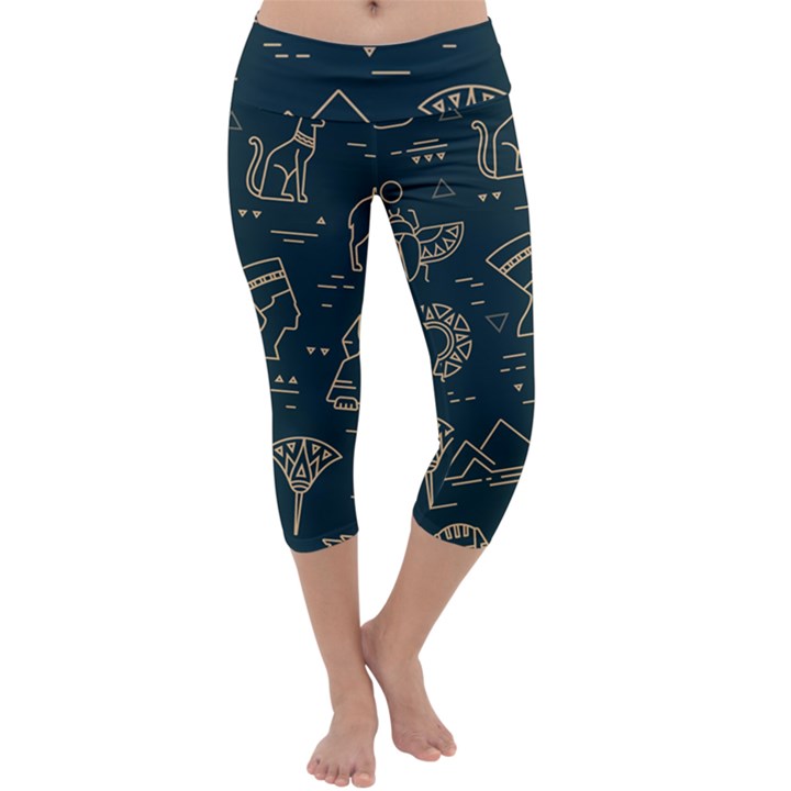 Dark-seamless-pattern-symbols-landmarks-signs-egypt -- Capri Yoga Leggings