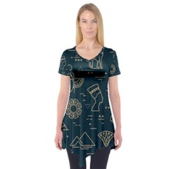 Dark-seamless-pattern-symbols-landmarks-signs-egypt -- Short Sleeve Tunic 