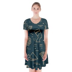 Dark-seamless-pattern-symbols-landmarks-signs-egypt -- Short Sleeve V-neck Flare Dress