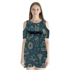 Dark-seamless-pattern-symbols-landmarks-signs-egypt -- Shoulder Cutout Velvet One Piece