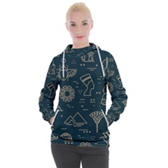 Dark-seamless-pattern-symbols-landmarks-signs-egypt -- Women s Hooded Pullover by Jancukart