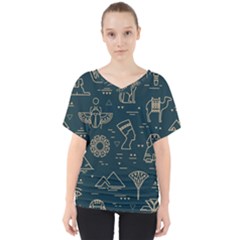 Dark-seamless-pattern-symbols-landmarks-signs-egypt -- V-neck Dolman Drape Top