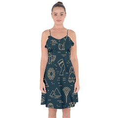 Dark-seamless-pattern-symbols-landmarks-signs-egypt -- Ruffle Detail Chiffon Dress