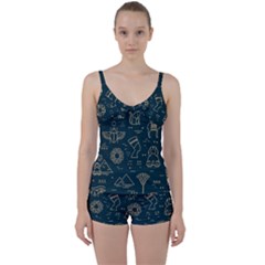 Dark-seamless-pattern-symbols-landmarks-signs-egypt -- Tie Front Two Piece Tankini