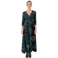 Dark-seamless-pattern-symbols-landmarks-signs-egypt -- Button Up Boho Maxi Dress