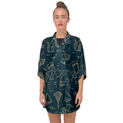 Dark-seamless-pattern-symbols-landmarks-signs-egypt -- Half Sleeve Chiffon Kimono