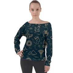 Dark-seamless-pattern-symbols-landmarks-signs-egypt -- Off Shoulder Long Sleeve Velour Top