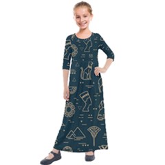 Dark-seamless-pattern-symbols-landmarks-signs-egypt -- Kids  Quarter Sleeve Maxi Dress