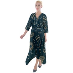 Dark-seamless-pattern-symbols-landmarks-signs-egypt -- Quarter Sleeve Wrap Front Maxi Dress