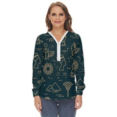 Dark-seamless-pattern-symbols-landmarks-signs-egypt -- Zip Up Long Sleeve Blouse