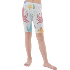 Underwater-seamless-pattern-light-background-funny Kids  Mid Length Swim Shorts