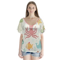 Underwater-seamless-pattern-light-background-funny V-neck Flutter Sleeve Top