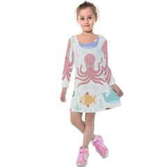 Underwater-seamless-pattern-light-background-funny Kids  Long Sleeve Velvet Dress