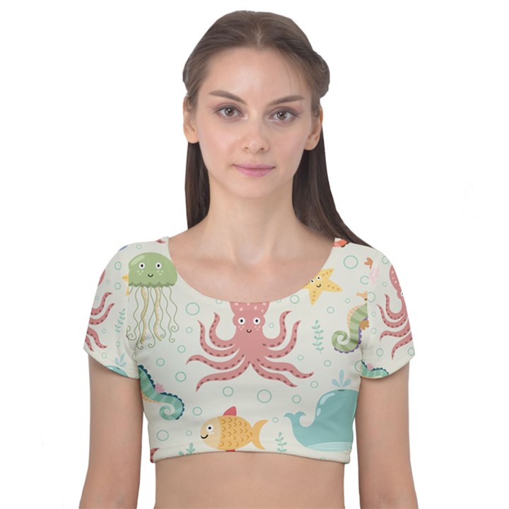 Underwater-seamless-pattern-light-background-funny Velvet Short Sleeve Crop Top 