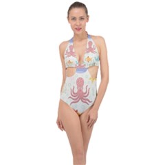 Underwater-seamless-pattern-light-background-funny Halter Front Plunge Swimsuit