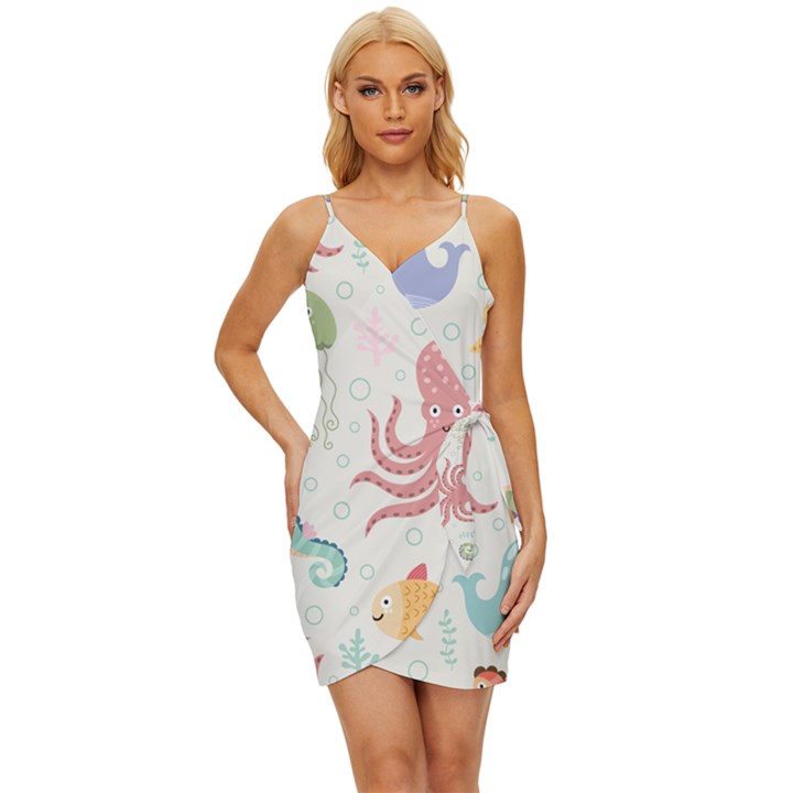 Underwater-seamless-pattern-light-background-funny Wrap Tie Front Dress