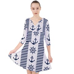 Nautical-seamless-pattern-vector-illustration Quarter Sleeve Front Wrap Dress