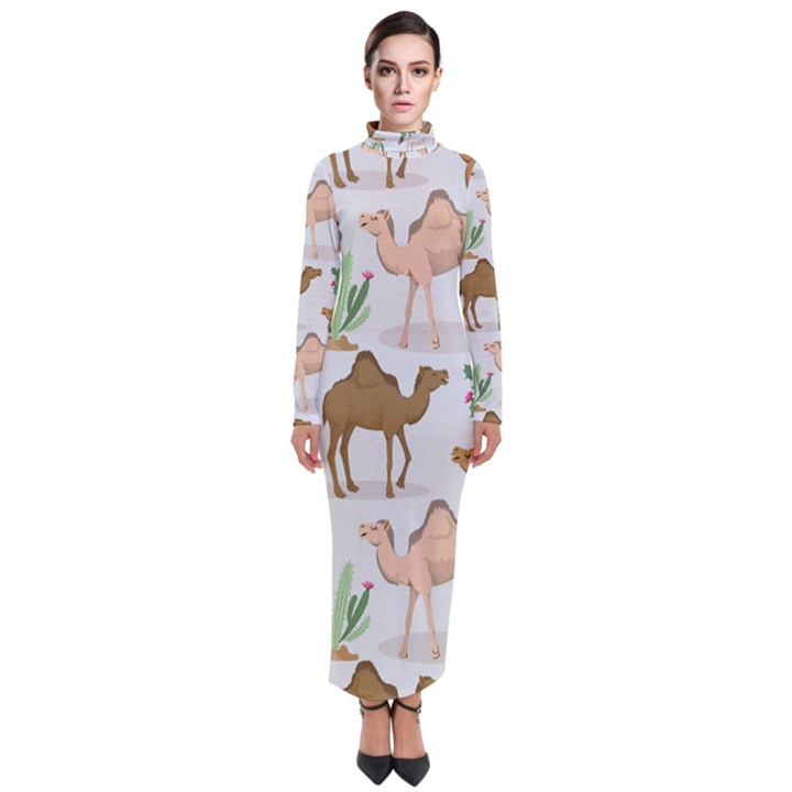 Camels-cactus-desert-pattern Turtleneck Maxi Dress