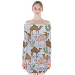 Camels-cactus-desert-pattern Long Sleeve Off Shoulder Dress by Jancukart