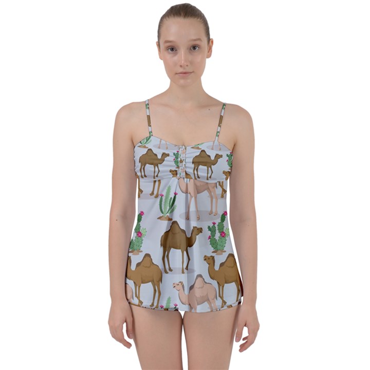 Camels-cactus-desert-pattern Babydoll Tankini Set