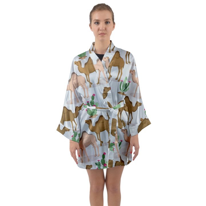 Camels-cactus-desert-pattern Long Sleeve Satin Kimono