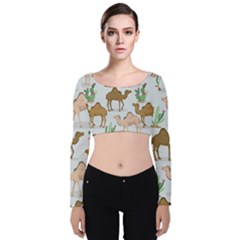 Camels-cactus-desert-pattern Velvet Long Sleeve Crop Top