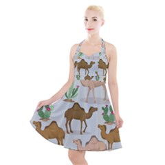 Camels-cactus-desert-pattern Halter Party Swing Dress 