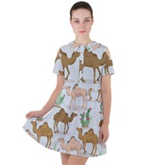 Camels-cactus-desert-pattern Short Sleeve Shoulder Cut Out Dress 