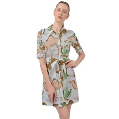 Camels-cactus-desert-pattern Belted Shirt Dress