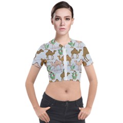 Camels-cactus-desert-pattern Short Sleeve Cropped Jacket by Jancukart