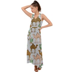 Camels-cactus-desert-pattern V-neck Chiffon Maxi Dress