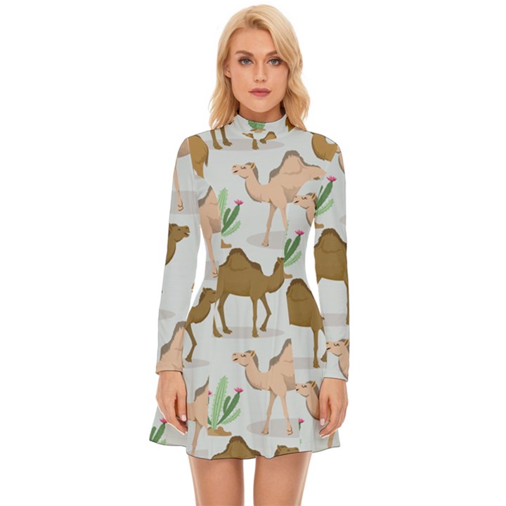 Camels-cactus-desert-pattern Long Sleeve Velour Longline Dress