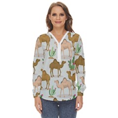 Camels-cactus-desert-pattern Zip Up Long Sleeve Blouse