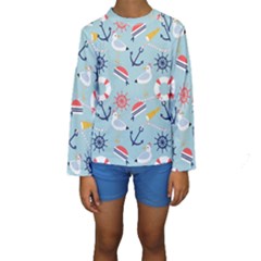 Nautical-marine-symbols-seamless-pattern Kids  Long Sleeve Swimwear