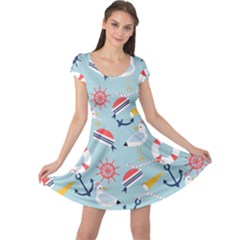 Nautical-marine-symbols-seamless-pattern Cap Sleeve Dress