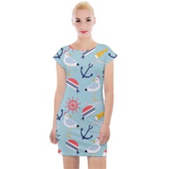 Nautical-marine-symbols-seamless-pattern Cap Sleeve Bodycon Dress