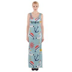 Nautical-marine-symbols-seamless-pattern Thigh Split Maxi Dress