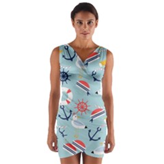 Nautical-marine-symbols-seamless-pattern Wrap Front Bodycon Dress