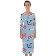 Nautical-marine-symbols-seamless-pattern Quarter Sleeve Midi Bodycon Dress