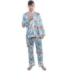 Nautical-marine-symbols-seamless-pattern Men s Long Sleeve Satin Pajamas Set