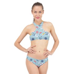 Nautical-marine-symbols-seamless-pattern High Neck Bikini Set