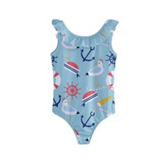 Nautical-marine-symbols-seamless-pattern Kids  Frill Swimsuit