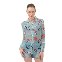 Nautical-marine-symbols-seamless-pattern Long Sleeve Chiffon Shirt