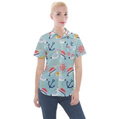 Nautical-marine-symbols-seamless-pattern Women s Short Sleeve Pocket Shirt